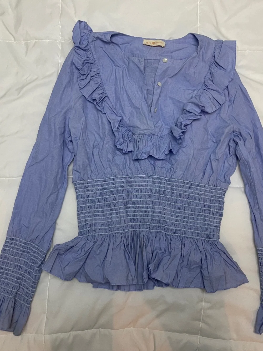 Tory Burch Blue Cotton Long Sleeve Ruffle Smocked Blouse Top